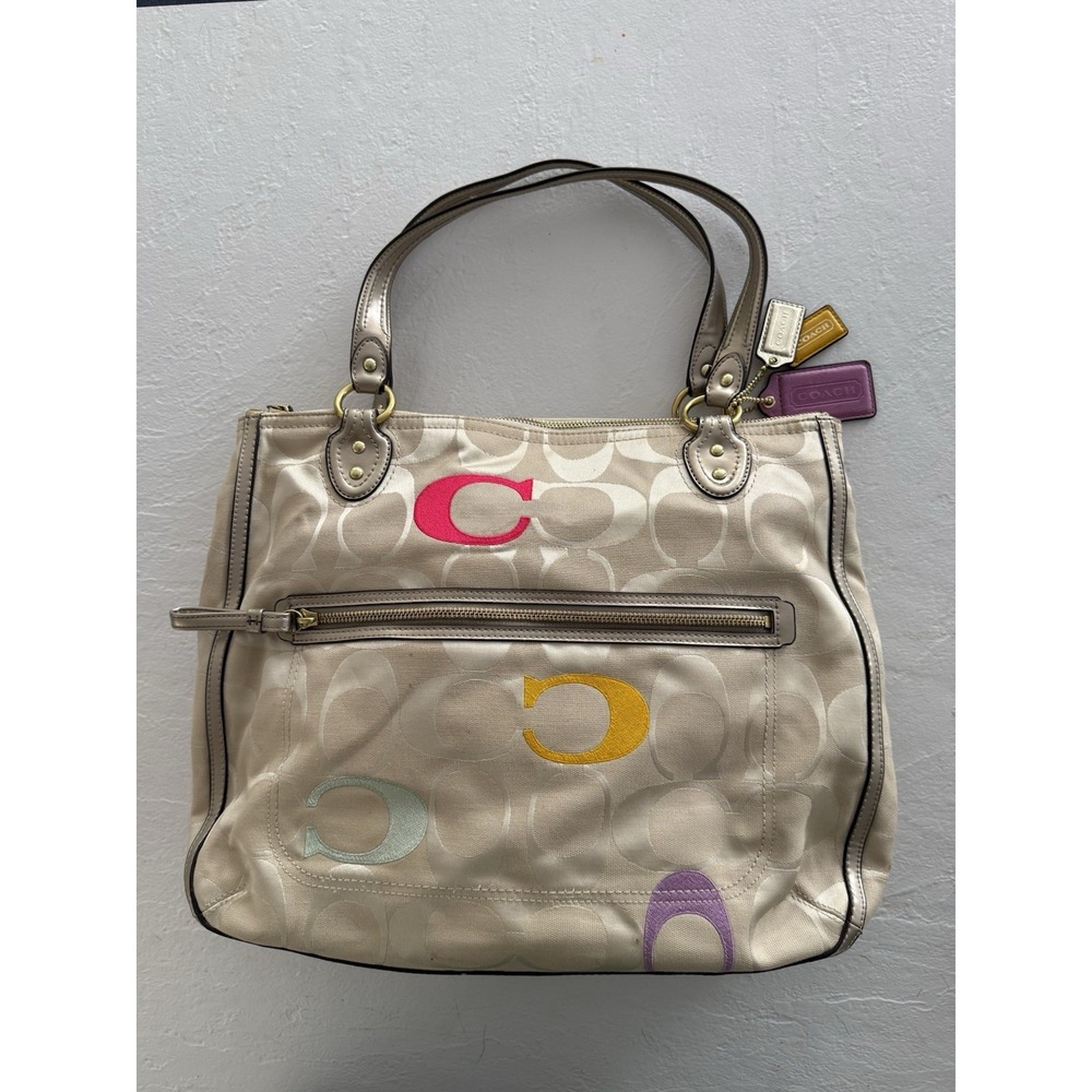 COACH Poppy Shoulder Bag Signature C Monogram 3 Charms Khaki Creed # L1220 23521